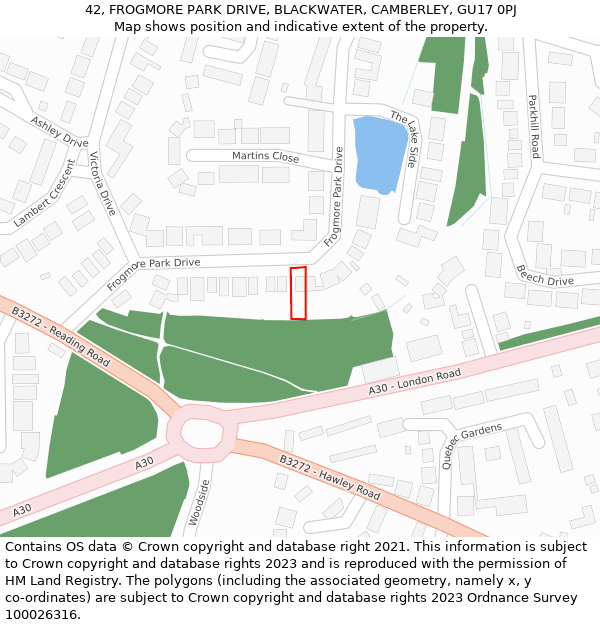 42, FROGMORE PARK DRIVE, BLACKWATER, CAMBERLEY, GU17 0PJ: Location map and indicative extent of plot