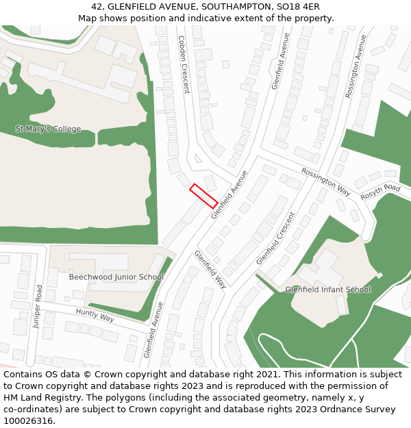 42, GLENFIELD AVENUE, SOUTHAMPTON, SO18 4ER: Location map and indicative extent of plot