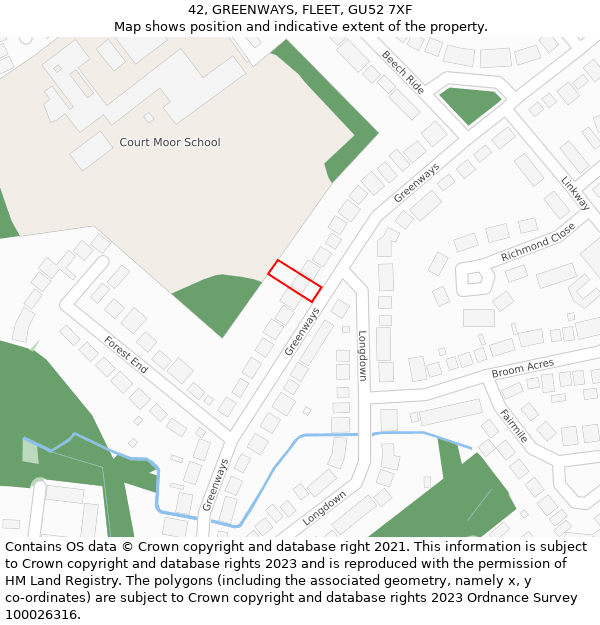 42, GREENWAYS, FLEET, GU52 7XF: Location map and indicative extent of plot