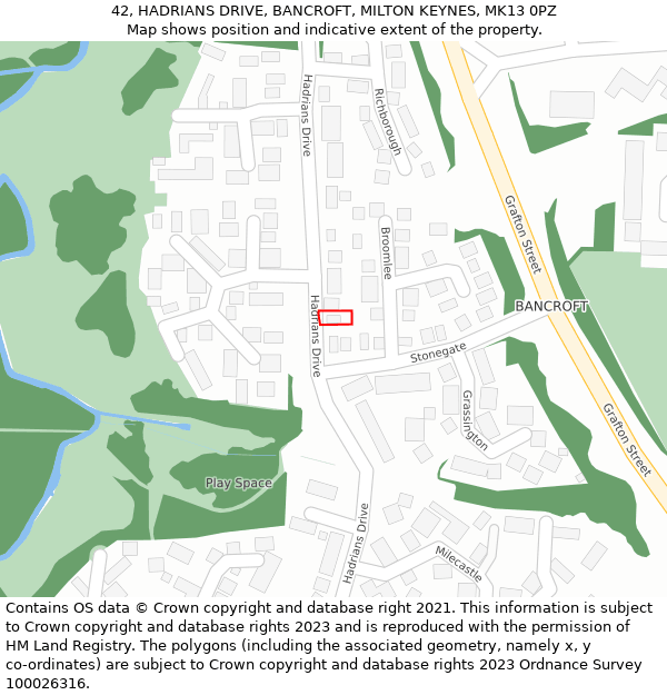 42, HADRIANS DRIVE, BANCROFT, MILTON KEYNES, MK13 0PZ: Location map and indicative extent of plot