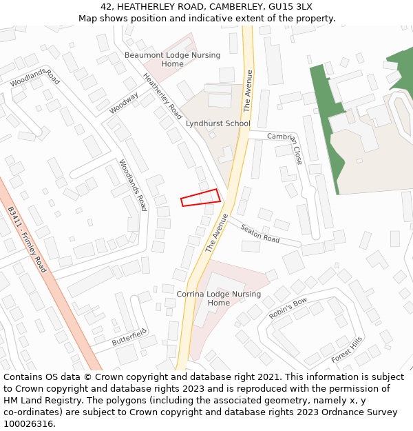 42, HEATHERLEY ROAD, CAMBERLEY, GU15 3LX: Location map and indicative extent of plot