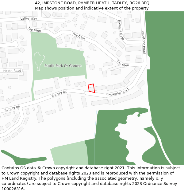 42, IMPSTONE ROAD, PAMBER HEATH, TADLEY, RG26 3EQ: Location map and indicative extent of plot