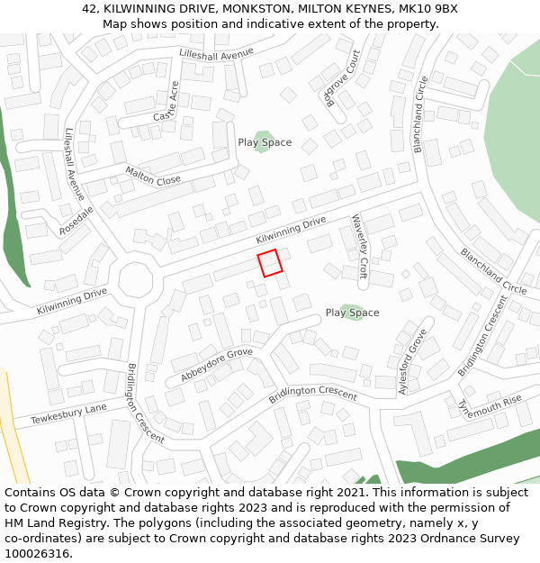 42, KILWINNING DRIVE, MONKSTON, MILTON KEYNES, MK10 9BX: Location map and indicative extent of plot