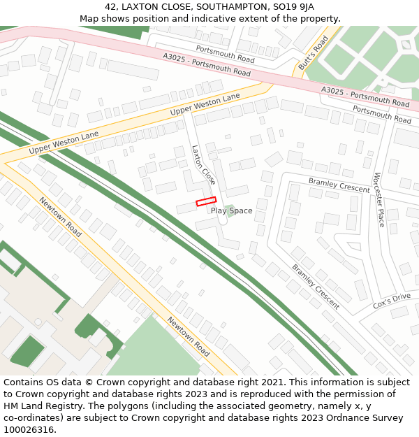 42, LAXTON CLOSE, SOUTHAMPTON, SO19 9JA: Location map and indicative extent of plot