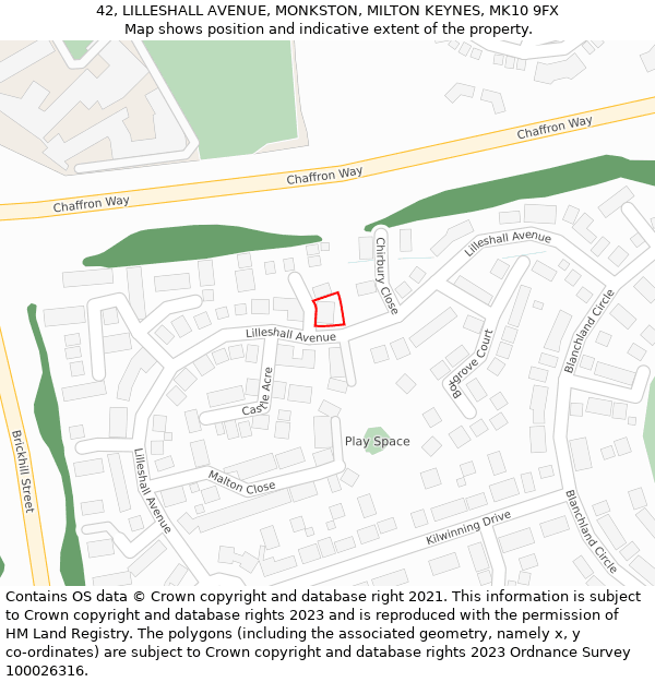 42, LILLESHALL AVENUE, MONKSTON, MILTON KEYNES, MK10 9FX: Location map and indicative extent of plot