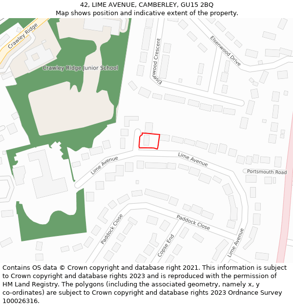 42, LIME AVENUE, CAMBERLEY, GU15 2BQ: Location map and indicative extent of plot