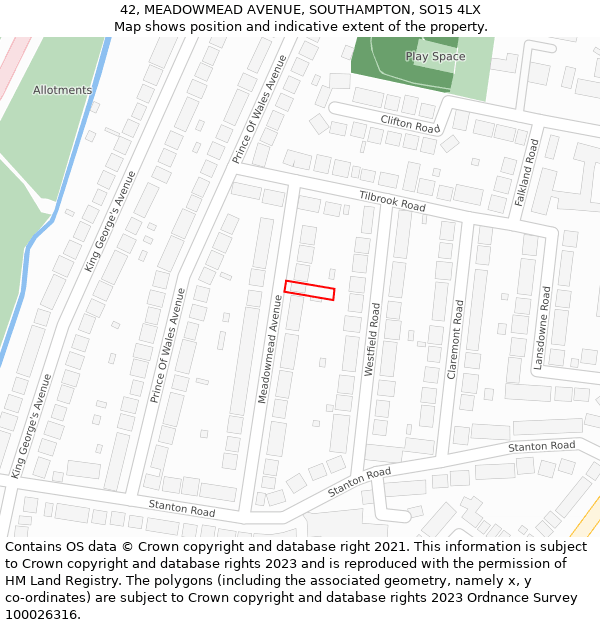 42, MEADOWMEAD AVENUE, SOUTHAMPTON, SO15 4LX: Location map and indicative extent of plot