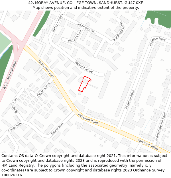 42, MORAY AVENUE, COLLEGE TOWN, SANDHURST, GU47 0XE: Location map and indicative extent of plot