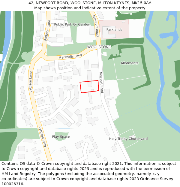 42, NEWPORT ROAD, WOOLSTONE, MILTON KEYNES, MK15 0AA: Location map and indicative extent of plot