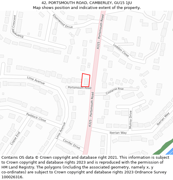 42, PORTSMOUTH ROAD, CAMBERLEY, GU15 1JU: Location map and indicative extent of plot