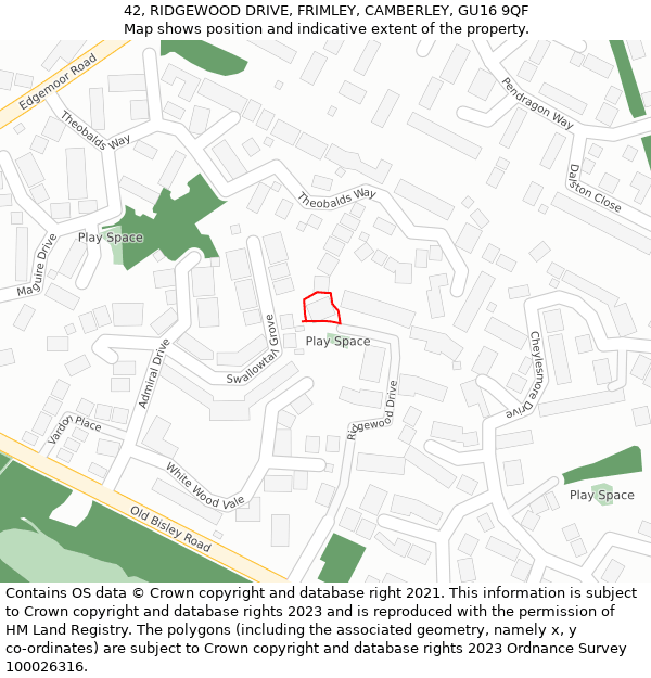 42, RIDGEWOOD DRIVE, FRIMLEY, CAMBERLEY, GU16 9QF: Location map and indicative extent of plot