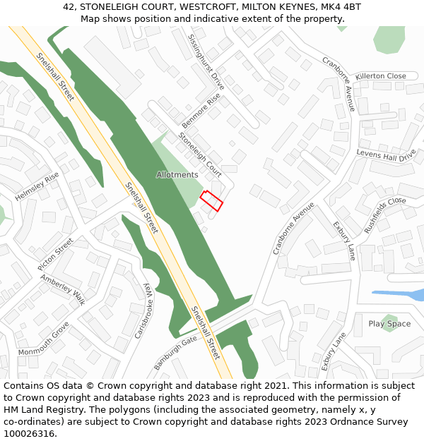 42, STONELEIGH COURT, WESTCROFT, MILTON KEYNES, MK4 4BT: Location map and indicative extent of plot