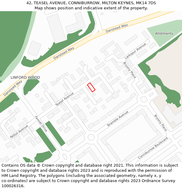 42, TEASEL AVENUE, CONNIBURROW, MILTON KEYNES, MK14 7DS: Location map and indicative extent of plot