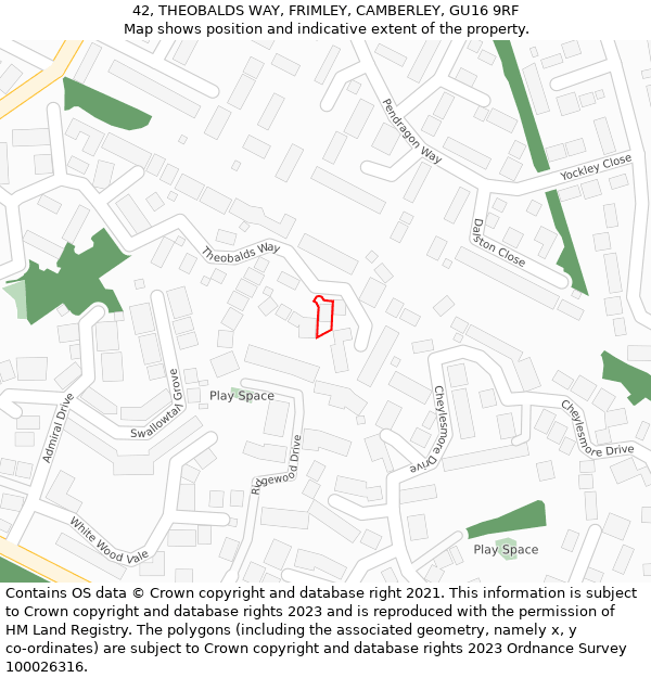 42, THEOBALDS WAY, FRIMLEY, CAMBERLEY, GU16 9RF: Location map and indicative extent of plot