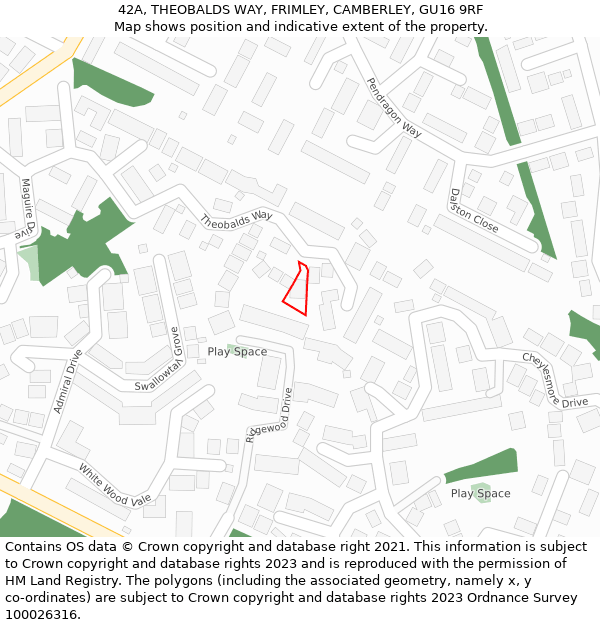 42A, THEOBALDS WAY, FRIMLEY, CAMBERLEY, GU16 9RF: Location map and indicative extent of plot