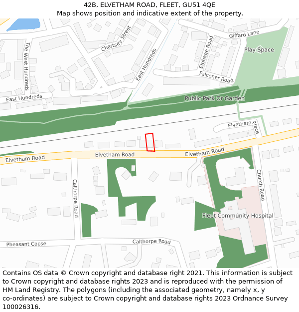 42B, ELVETHAM ROAD, FLEET, GU51 4QE: Location map and indicative extent of plot