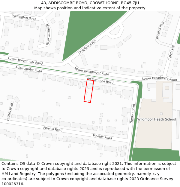 43, ADDISCOMBE ROAD, CROWTHORNE, RG45 7JU: Location map and indicative extent of plot