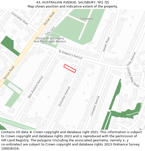 43, AUSTRALIAN AVENUE, SALISBURY, SP2 7JS: Location map and indicative extent of plot