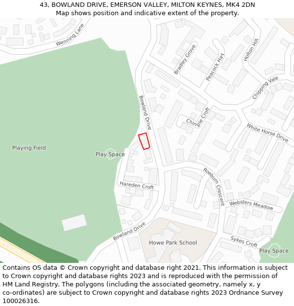 43, BOWLAND DRIVE, EMERSON VALLEY, MILTON KEYNES, MK4 2DN: Location map and indicative extent of plot