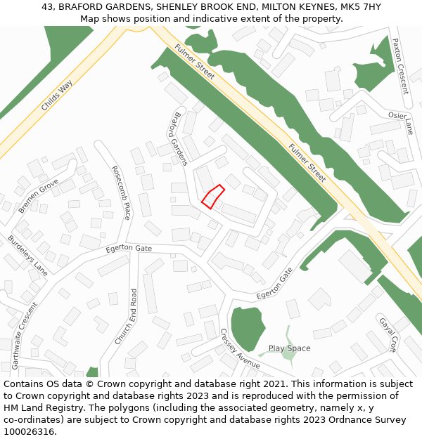 43, BRAFORD GARDENS, SHENLEY BROOK END, MILTON KEYNES, MK5 7HY: Location map and indicative extent of plot