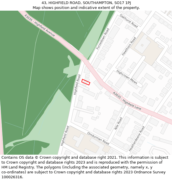 43, HIGHFIELD ROAD, SOUTHAMPTON, SO17 1PJ: Location map and indicative extent of plot