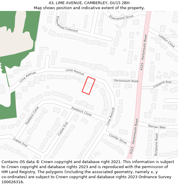 43, LIME AVENUE, CAMBERLEY, GU15 2BH: Location map and indicative extent of plot