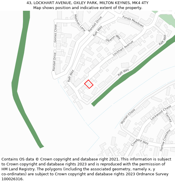 43, LOCKHART AVENUE, OXLEY PARK, MILTON KEYNES, MK4 4TY: Location map and indicative extent of plot