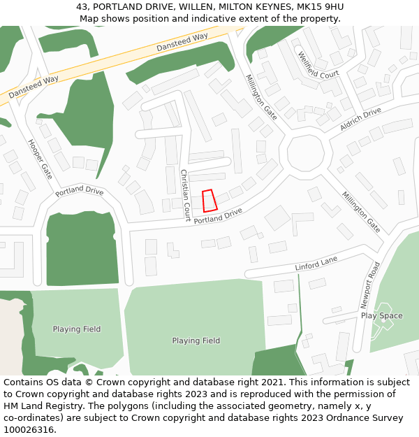 43, PORTLAND DRIVE, WILLEN, MILTON KEYNES, MK15 9HU: Location map and indicative extent of plot