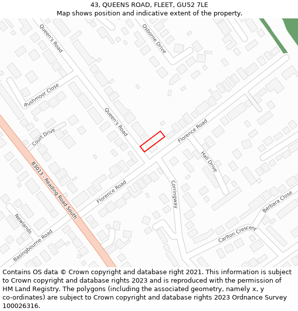 43, QUEENS ROAD, FLEET, GU52 7LE: Location map and indicative extent of plot