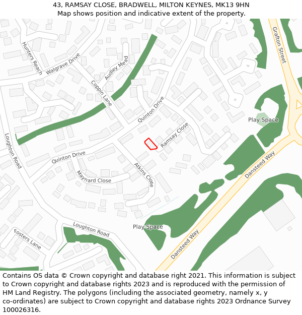 43, RAMSAY CLOSE, BRADWELL, MILTON KEYNES, MK13 9HN: Location map and indicative extent of plot