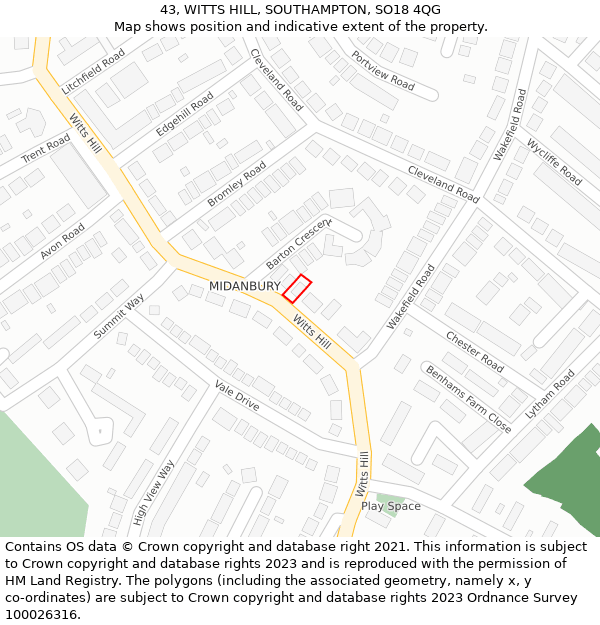 43, WITTS HILL, SOUTHAMPTON, SO18 4QG: Location map and indicative extent of plot