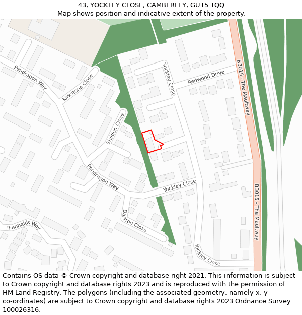 43, YOCKLEY CLOSE, CAMBERLEY, GU15 1QQ: Location map and indicative extent of plot