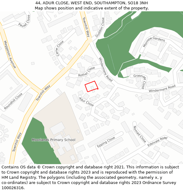 44, ADUR CLOSE, WEST END, SOUTHAMPTON, SO18 3NH: Location map and indicative extent of plot