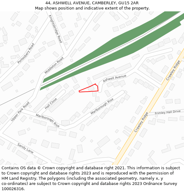 44, ASHWELL AVENUE, CAMBERLEY, GU15 2AR: Location map and indicative extent of plot