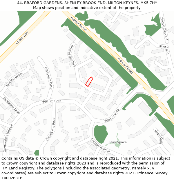 44, BRAFORD GARDENS, SHENLEY BROOK END, MILTON KEYNES, MK5 7HY: Location map and indicative extent of plot