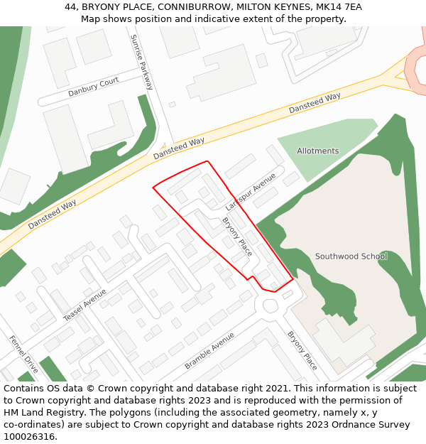 44, BRYONY PLACE, CONNIBURROW, MILTON KEYNES, MK14 7EA: Location map and indicative extent of plot