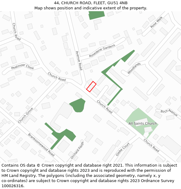 44, CHURCH ROAD, FLEET, GU51 4NB: Location map and indicative extent of plot