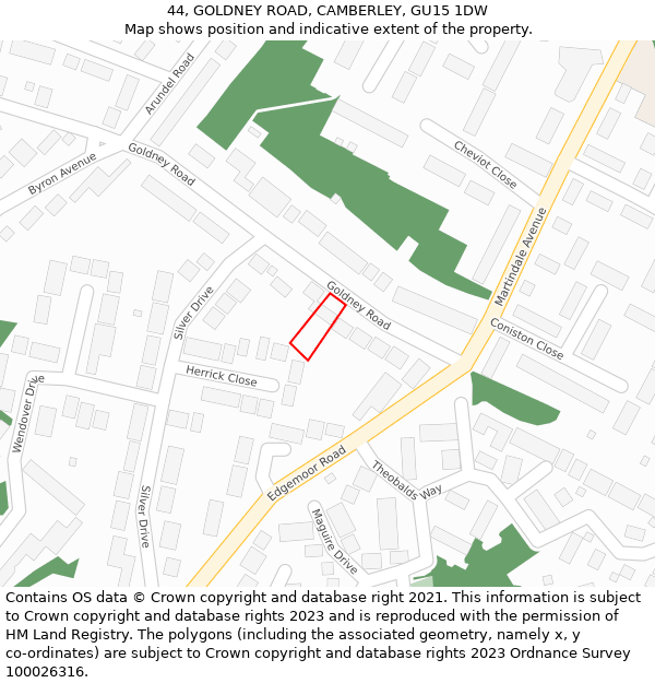 44, GOLDNEY ROAD, CAMBERLEY, GU15 1DW: Location map and indicative extent of plot