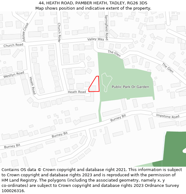 44, HEATH ROAD, PAMBER HEATH, TADLEY, RG26 3DS: Location map and indicative extent of plot