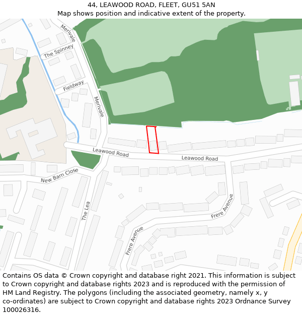 44, LEAWOOD ROAD, FLEET, GU51 5AN: Location map and indicative extent of plot