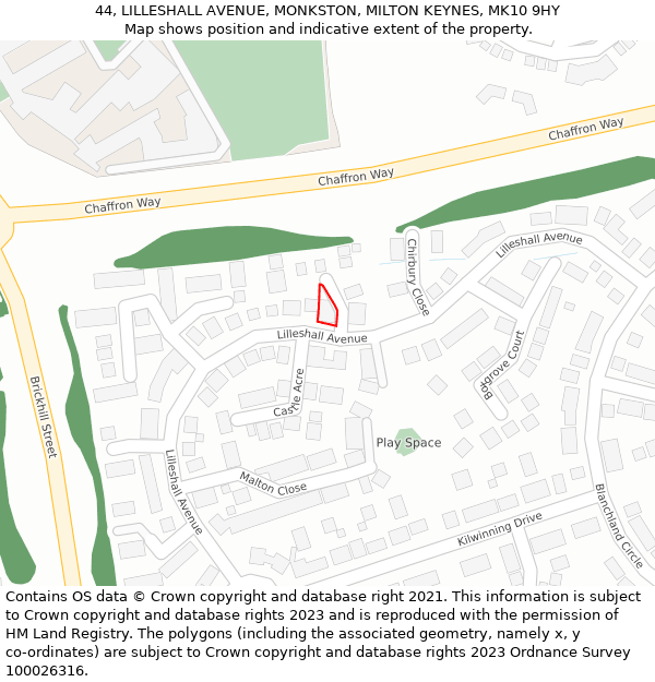 44, LILLESHALL AVENUE, MONKSTON, MILTON KEYNES, MK10 9HY: Location map and indicative extent of plot