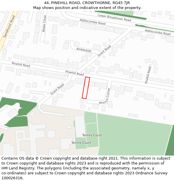 44, PINEHILL ROAD, CROWTHORNE, RG45 7JR: Location map and indicative extent of plot
