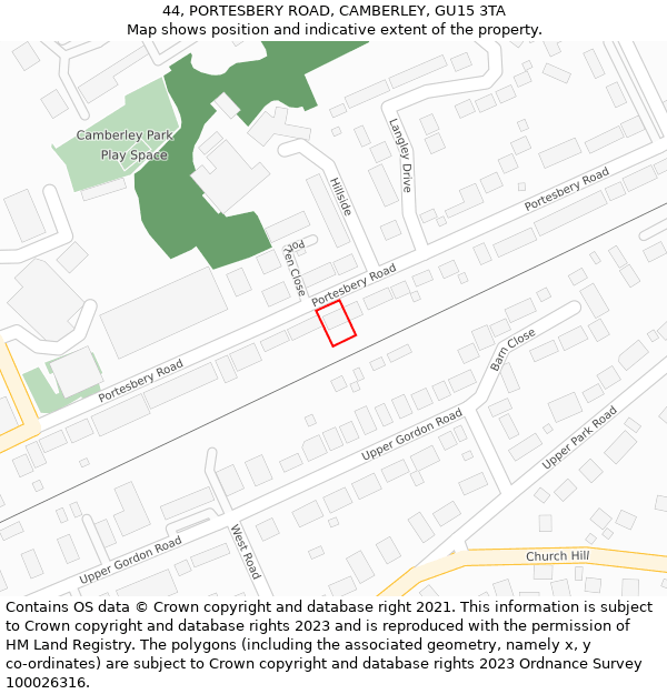 44, PORTESBERY ROAD, CAMBERLEY, GU15 3TA: Location map and indicative extent of plot