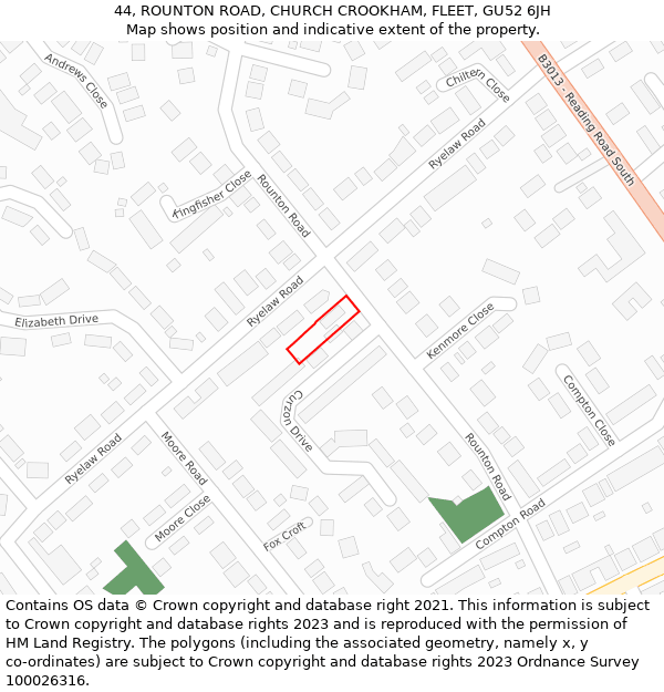 44, ROUNTON ROAD, CHURCH CROOKHAM, FLEET, GU52 6JH: Location map and indicative extent of plot