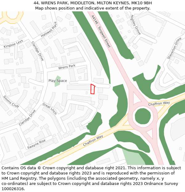 44, WRENS PARK, MIDDLETON, MILTON KEYNES, MK10 9BH: Location map and indicative extent of plot