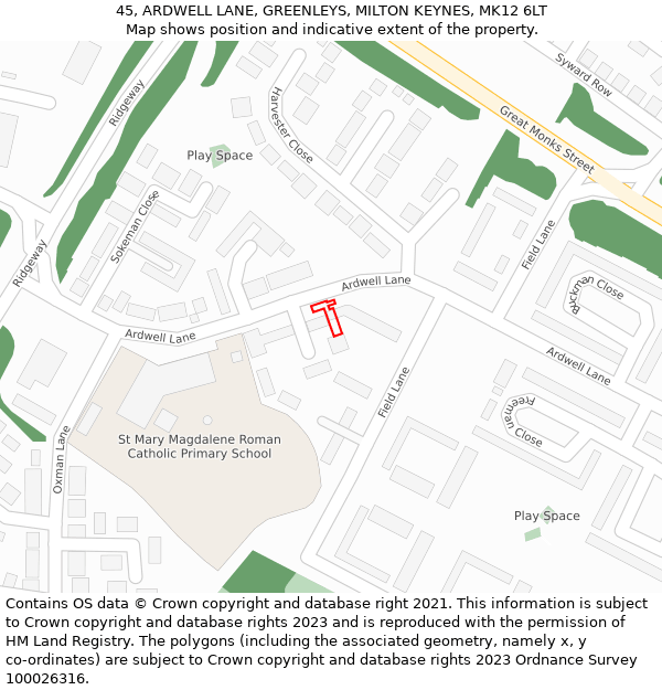 45, ARDWELL LANE, GREENLEYS, MILTON KEYNES, MK12 6LT: Location map and indicative extent of plot