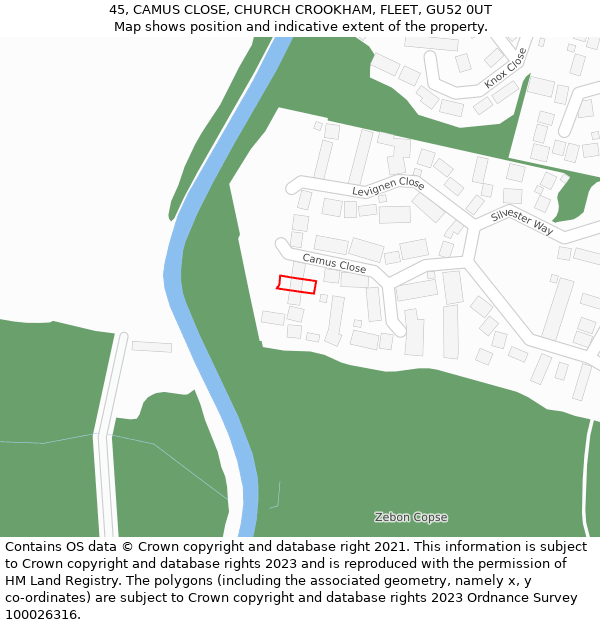 45, CAMUS CLOSE, CHURCH CROOKHAM, FLEET, GU52 0UT: Location map and indicative extent of plot