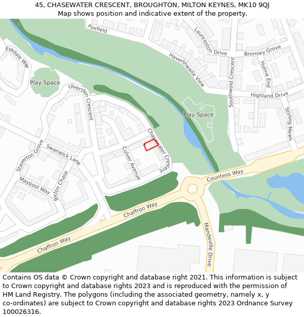 45, CHASEWATER CRESCENT, BROUGHTON, MILTON KEYNES, MK10 9QJ: Location map and indicative extent of plot