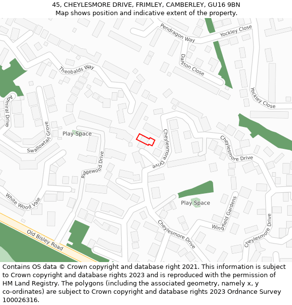 45, CHEYLESMORE DRIVE, FRIMLEY, CAMBERLEY, GU16 9BN: Location map and indicative extent of plot