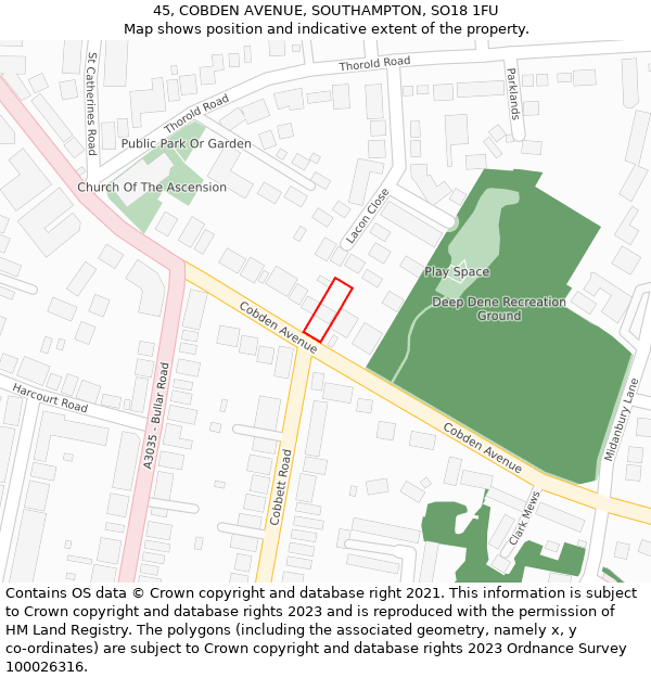 45, COBDEN AVENUE, SOUTHAMPTON, SO18 1FU: Location map and indicative extent of plot